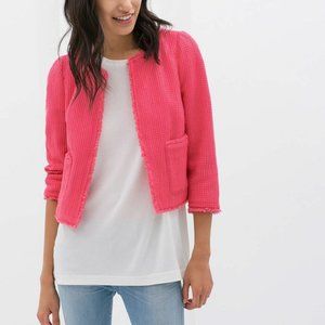 Zara Jacket Pink Fray Fringe Structured Crop Long Sleeve Pockets
